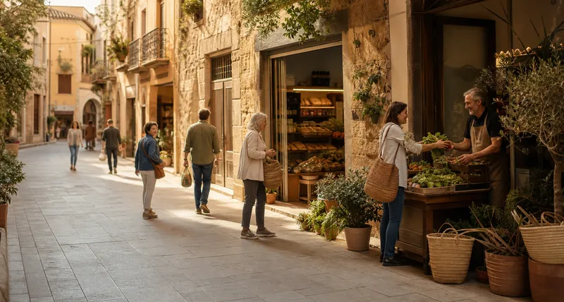 Veïnes passejant per un carrer de comerç local